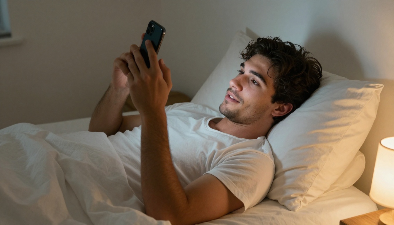 A man lying on a bed holding his phone, relaxed and amused by his conversation