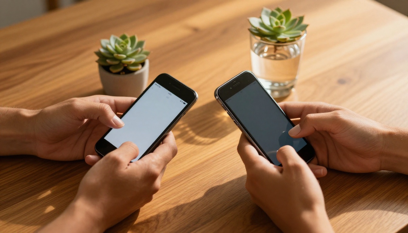 Two people's hands holding smartphones on a warm wooden table, creating a sense of digital intimacy