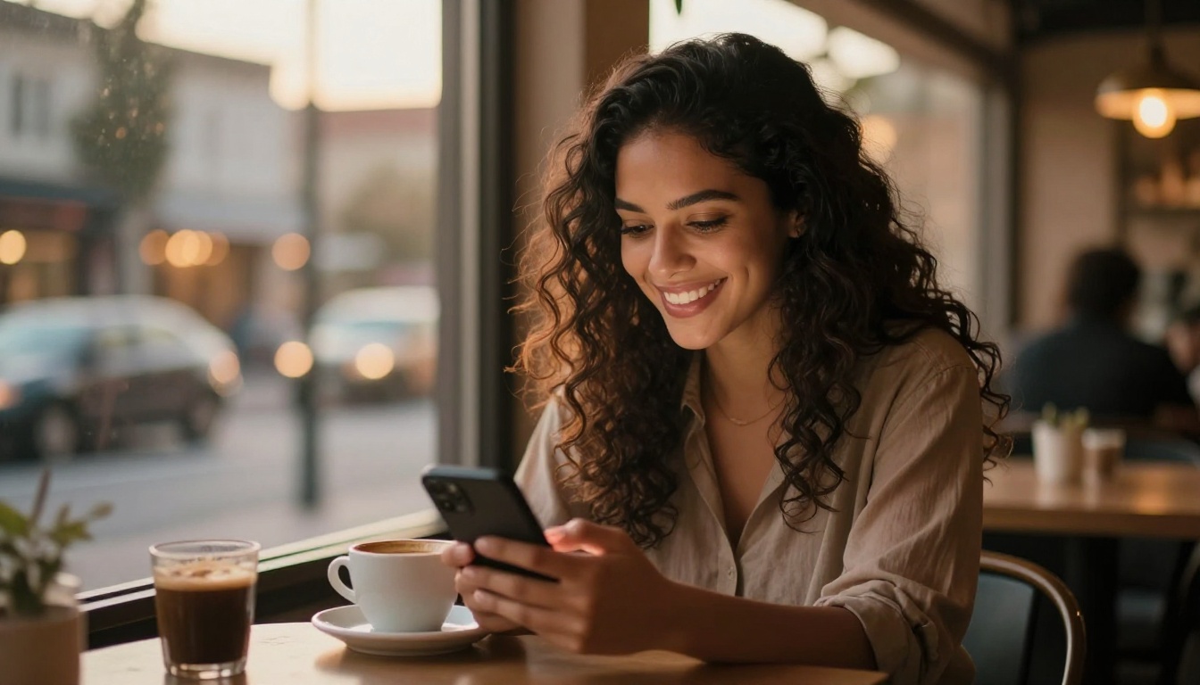 A beautiful Latina woman laughing at her phone at a café during golden hour