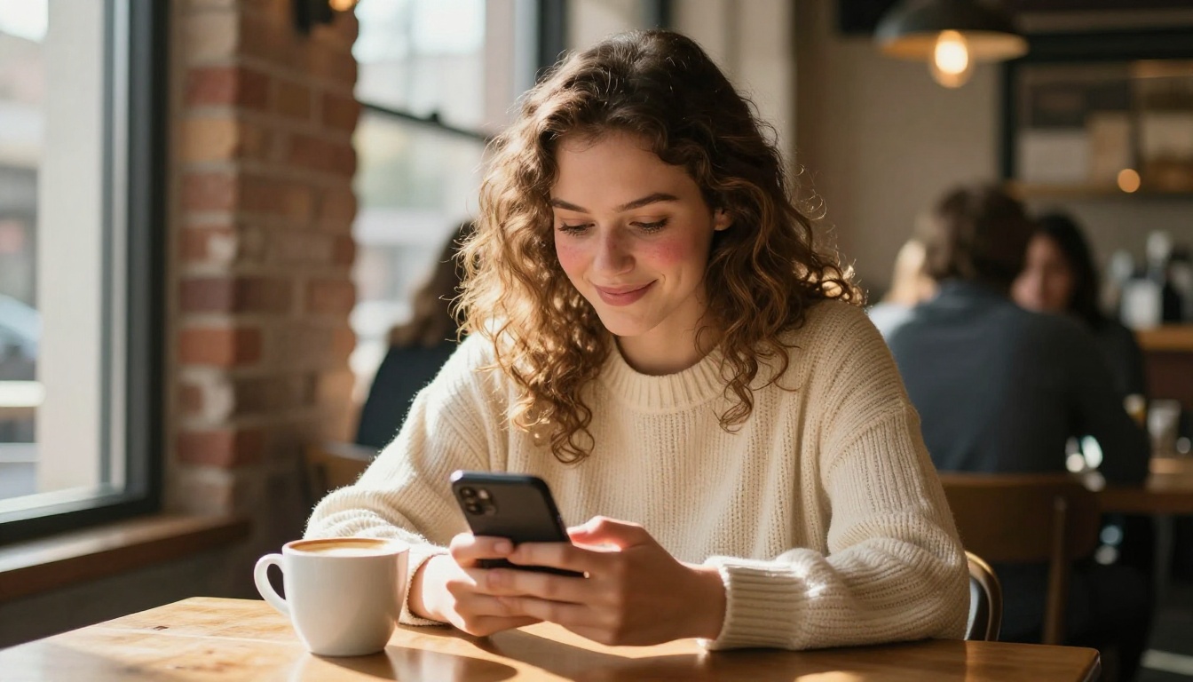 Woman smiling at her phone at a cozy cafe