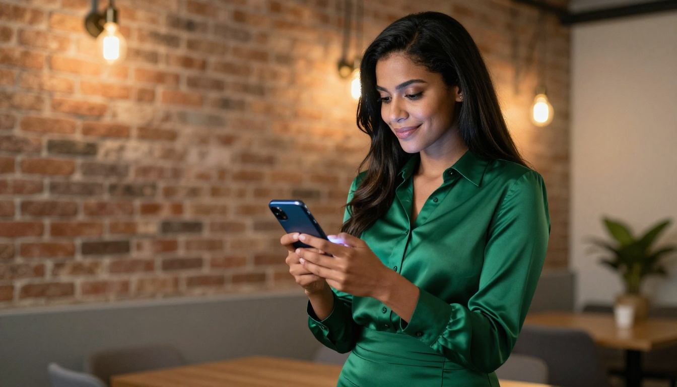 A Middle Eastern woman smiling at her phone screen in a warm co-working space, representing the private joy of AI companion messaging