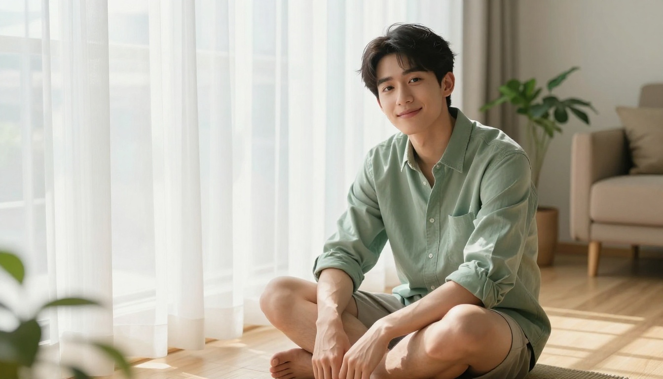 A handsome young man of Asian heritage sitting cross-legged on a wooden floor in a bright minimalist apartment, smiling warmly at the camera