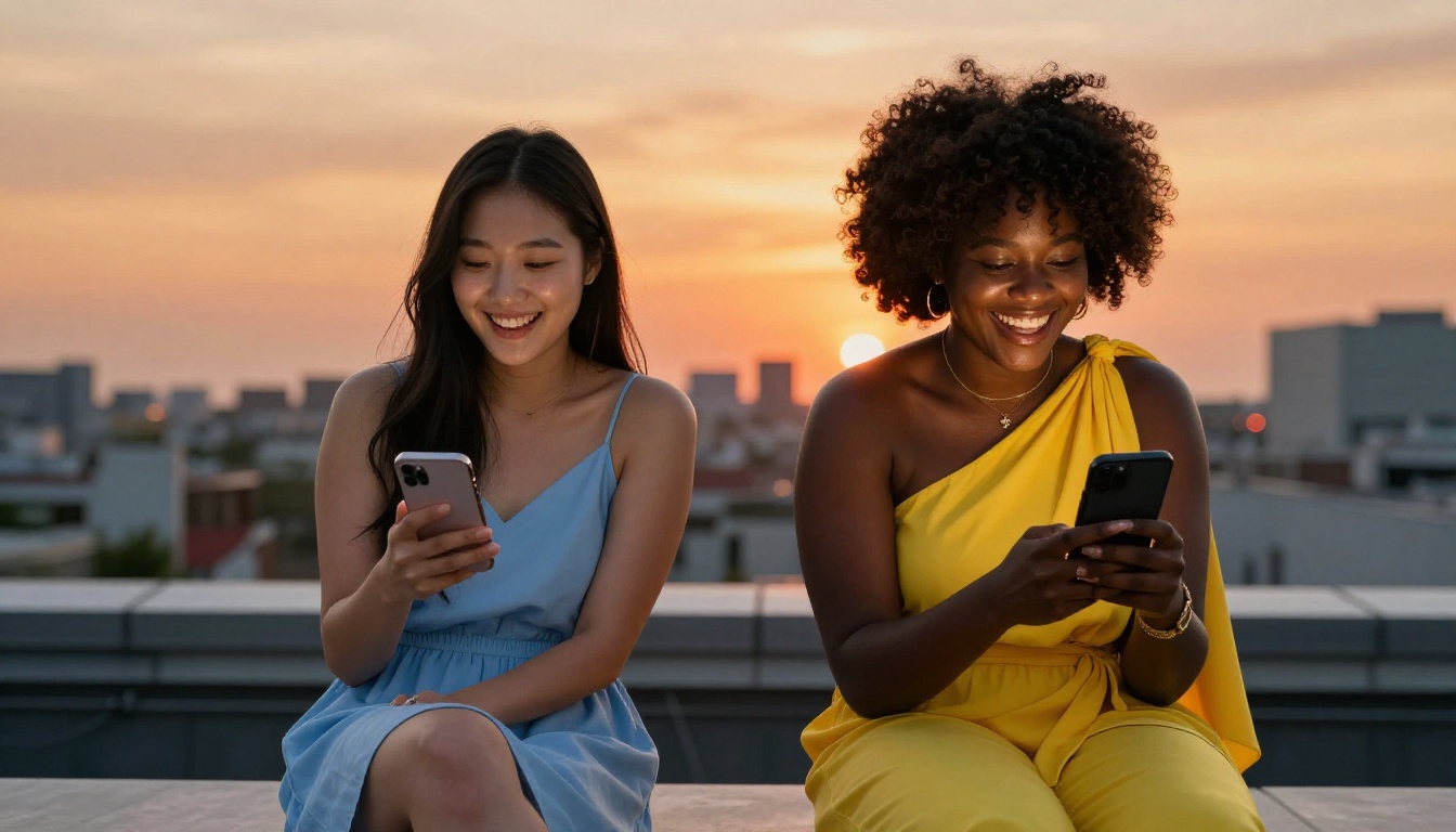 Two friends laughing together while using their phones on a rooftop at sunset, representing the social shift toward AI companion interaction