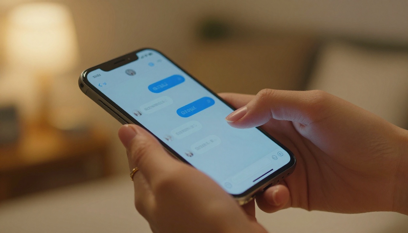 Close-up of hands holding smartphone with chat interface