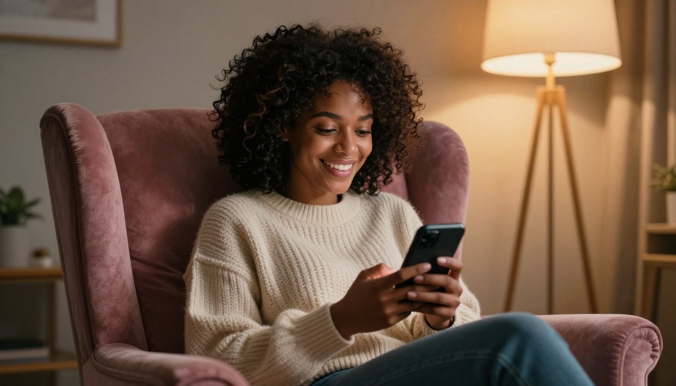 A young African American woman smiling at her phone in a cozy velvet armchair