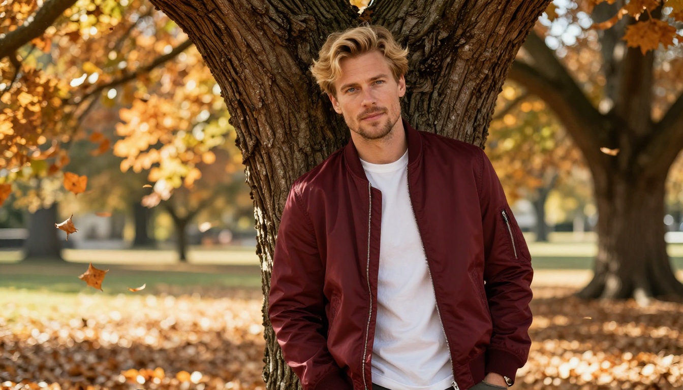 A handsome man with sandy blonde hair leaning against an oak tree in a sunlit autumn park, looking confidently into the camera