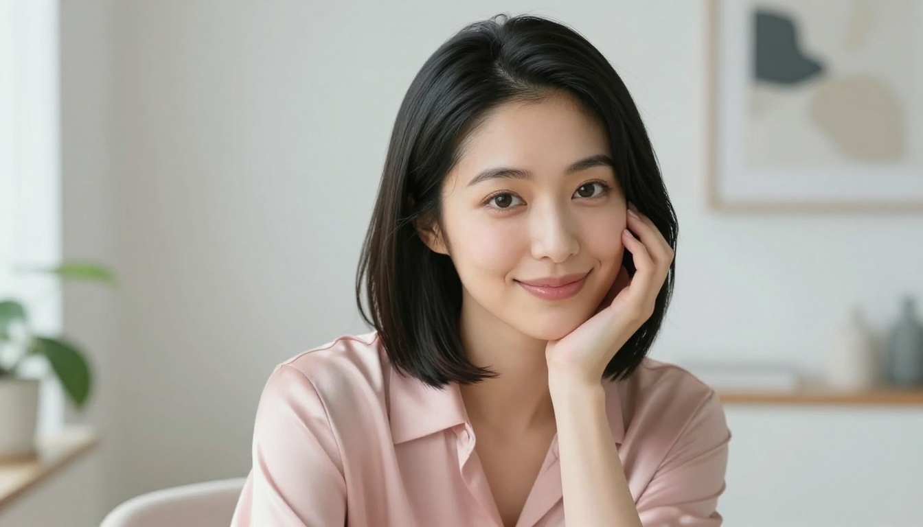 Beautiful Japanese woman in minimalist modern apartment