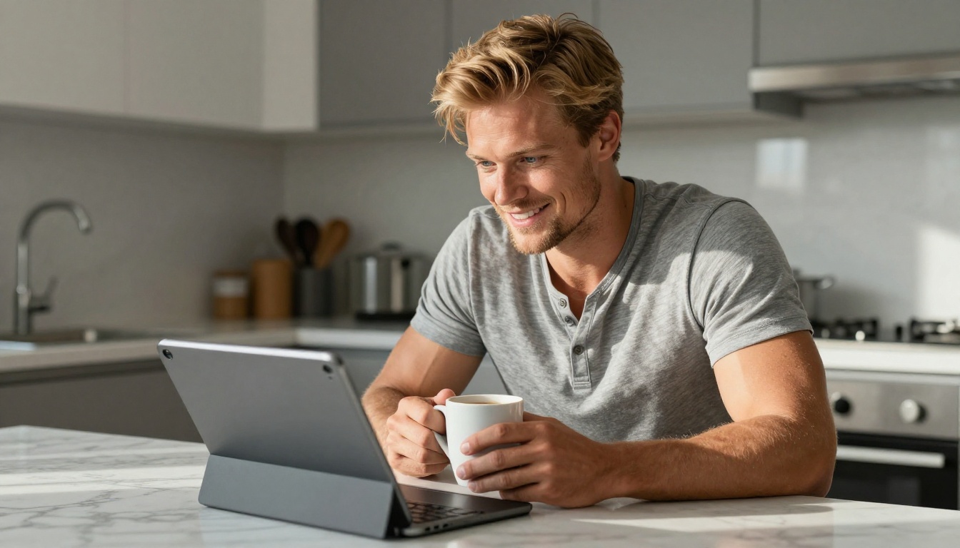 A Scandinavian man smiling warmly at his tablet over morning coffee, representing the everyday comfort of AI companion interaction