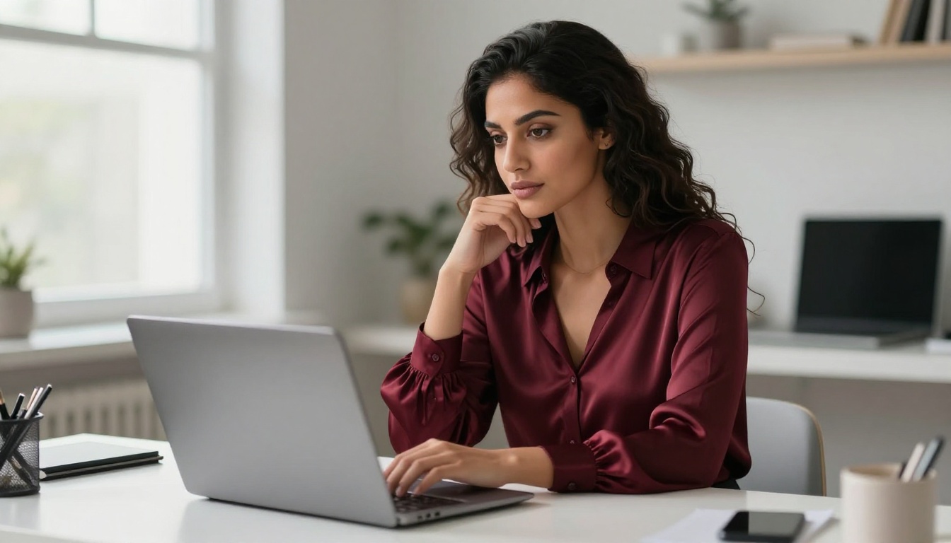 A beautiful Middle Eastern woman thoughtfully gazing at her laptop in a bright office