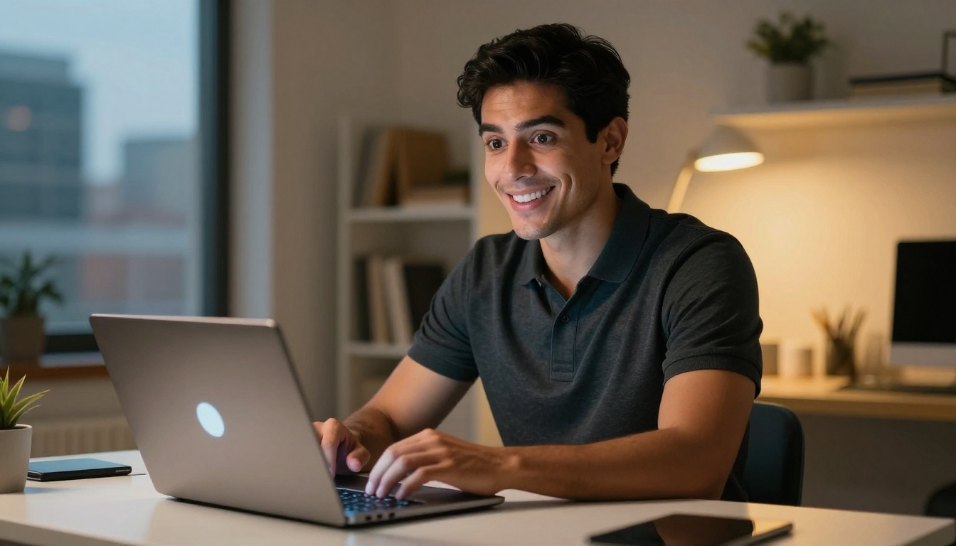 A handsome man of Latino heritage at a desk, laptop open, warm glow from screen mixed with desk lamp light, looking up at camera with a warm smile