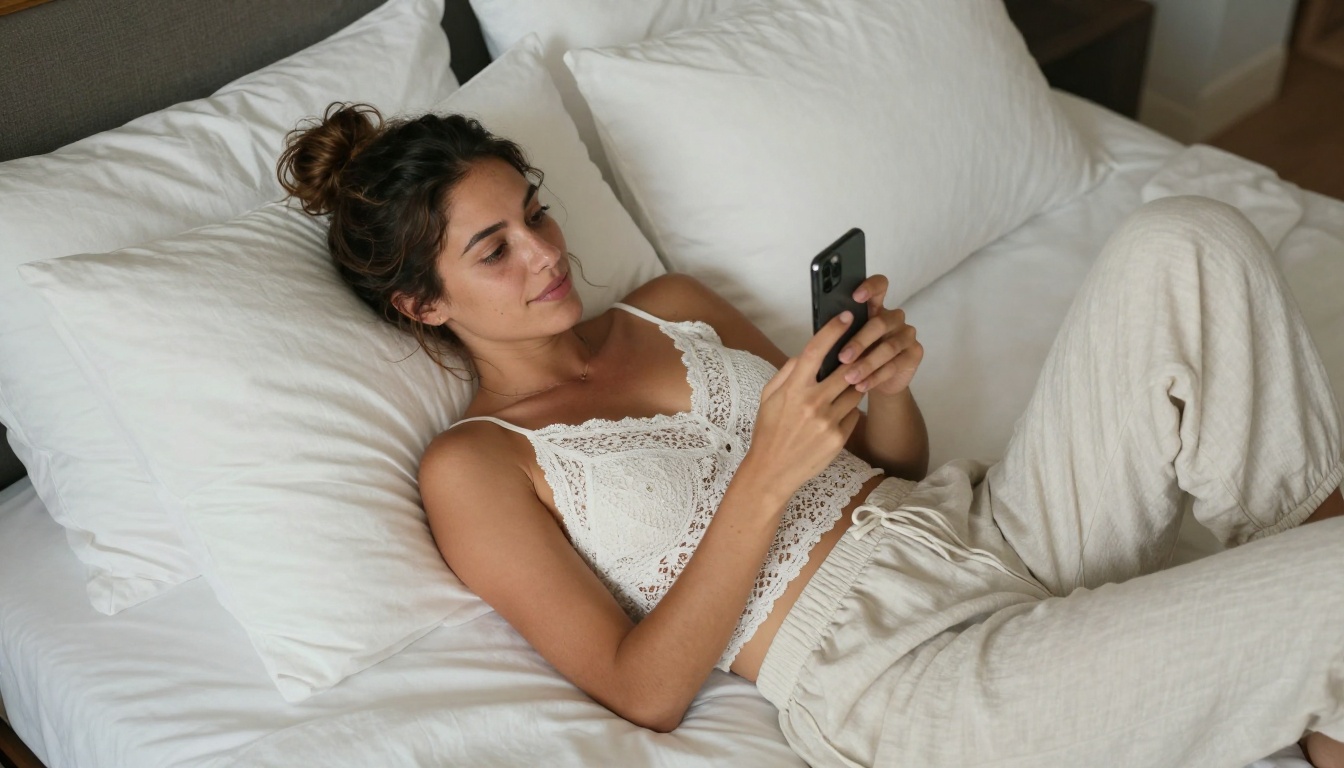 A Mediterranean woman lying on a plush bed, smiling privately at her phone as she types an intimate message, representing the personal nature of AI companion conversations