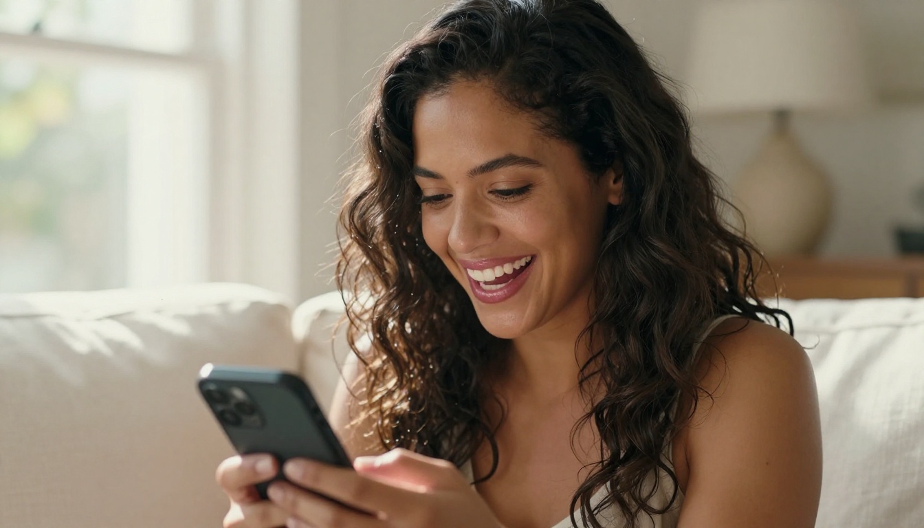 Woman laughing while reading messages on her phone in a bright living room