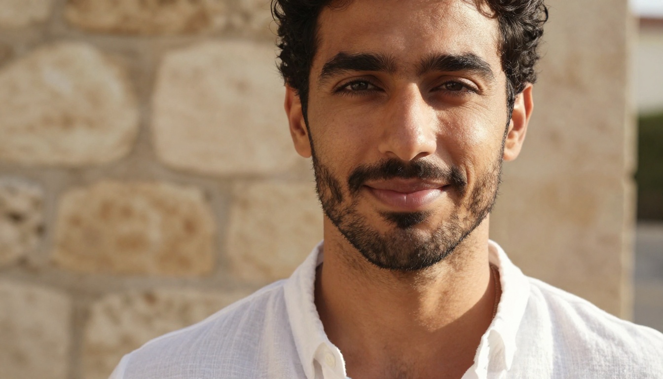 A strikingly handsome man of Middle Eastern descent in close-up portrait, warm stone wall behind him, direct eye contact, soft afternoon sunlight