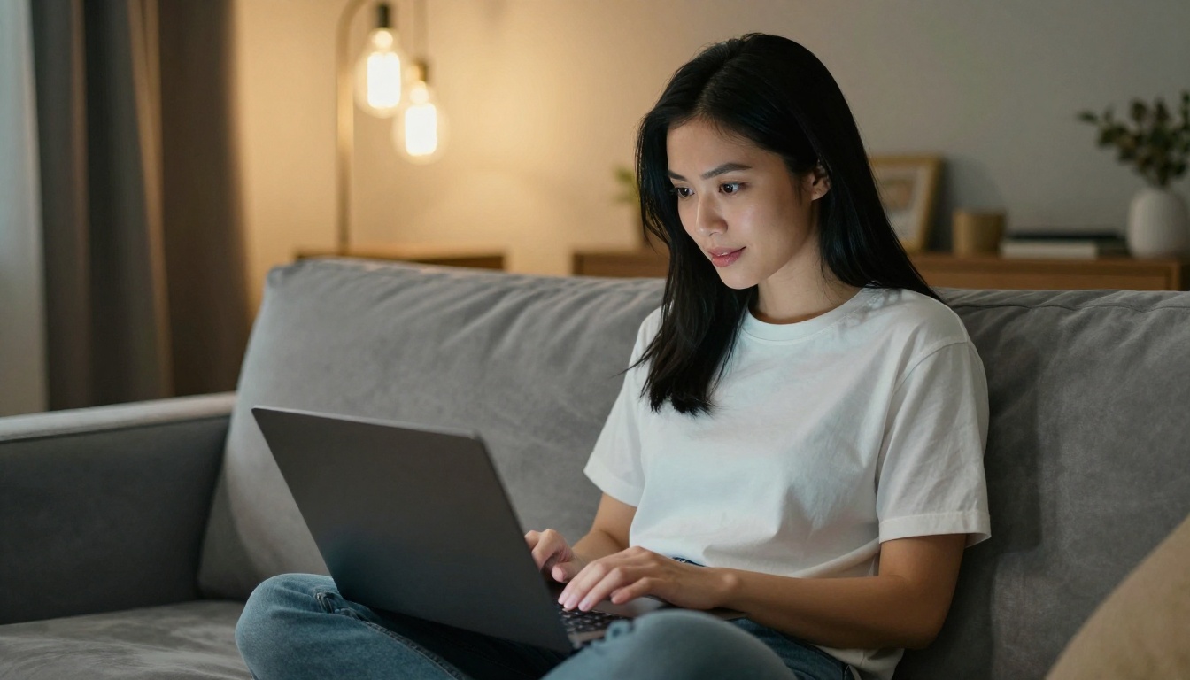 Asian woman deeply focused on typing on her laptop, cozy apartment setting