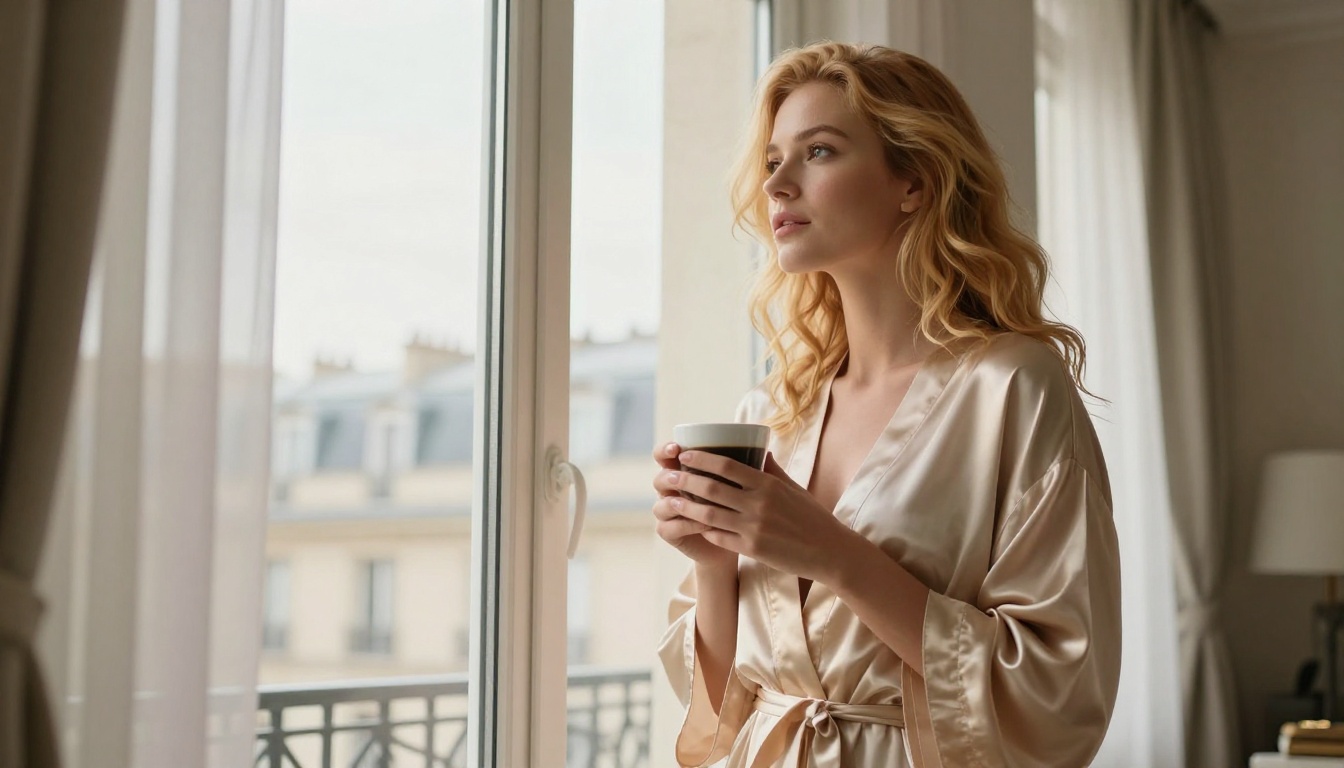 European woman in champagne silk robe standing at Parisian window holding coffee, candid morning moment, warm light
