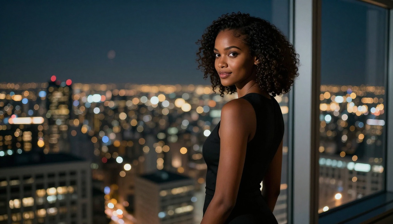 A beautiful woman with deep brown skin looking confidently over her shoulder at a city night view