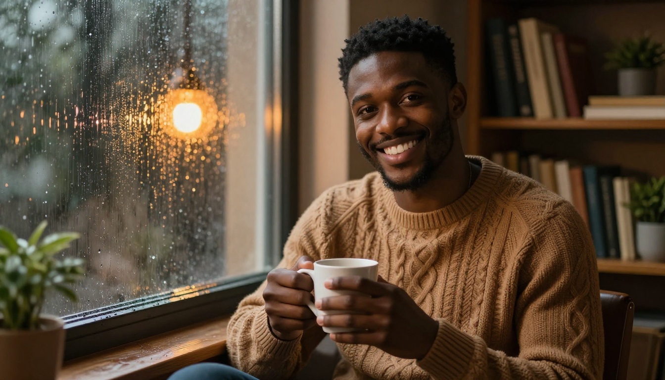 An attractive man of African heritage sitting in a cozy reading nook by a rain-streaked window, holding a coffee mug, smiling warmly at the camera