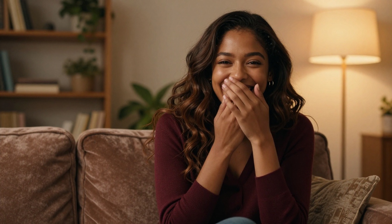 Latina woman laughing warmly on velvet sofa