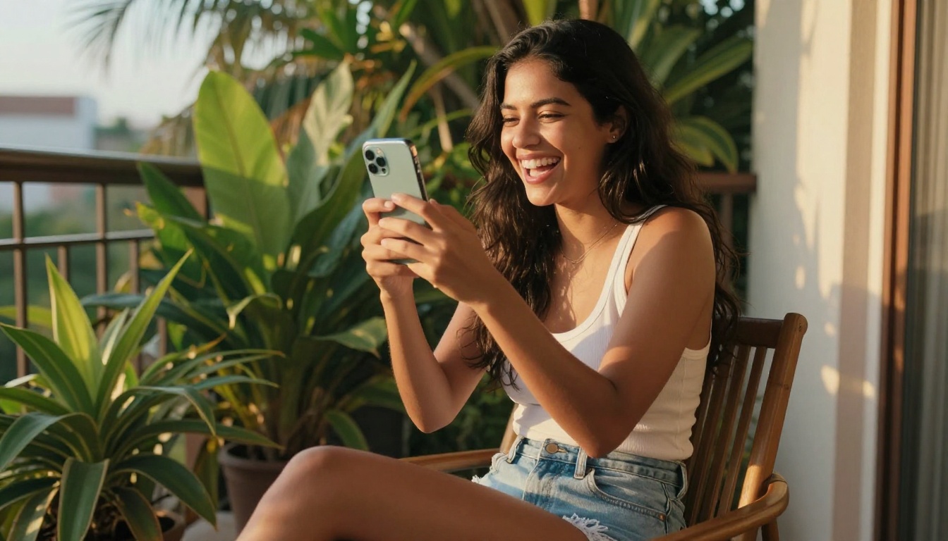 A beautiful Latina woman laughing freely at her phone on a sun-drenched tropical balcony