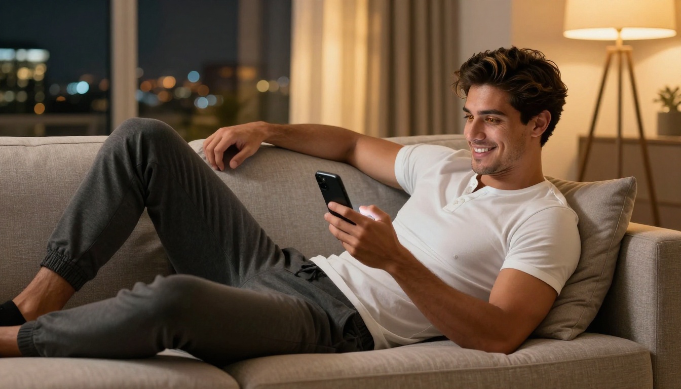 A handsome man with mixed heritage lying on a modern sofa in the evening, smiling at his phone, city lights glowing through the window behind him