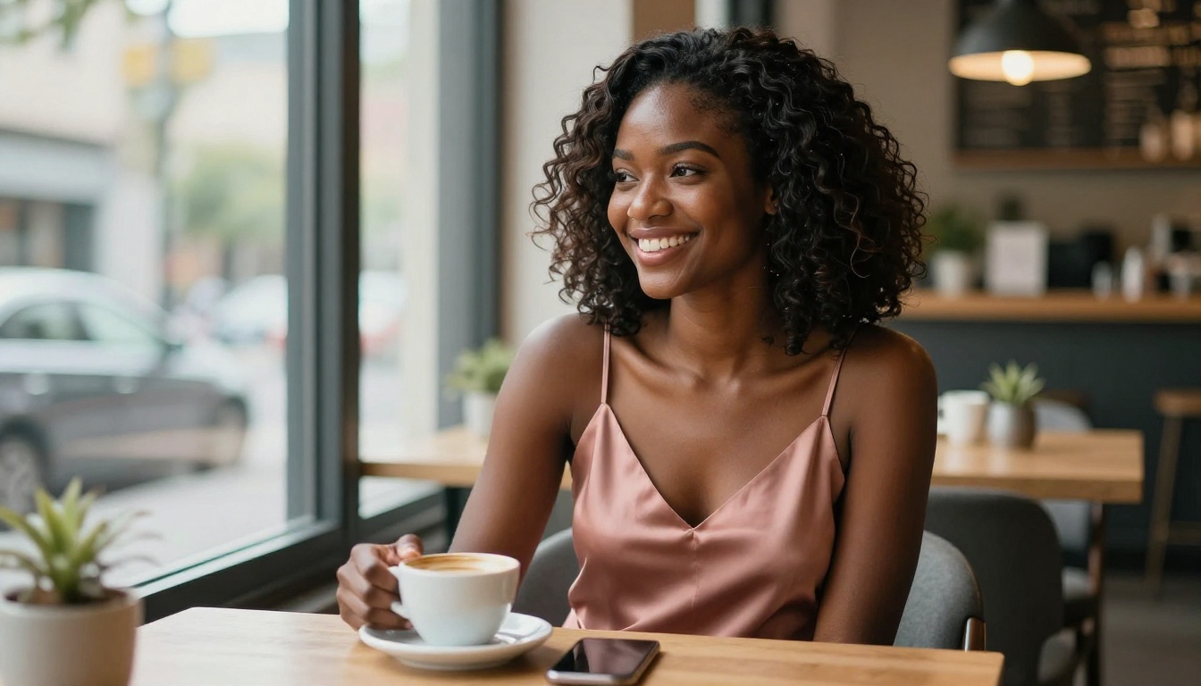 African woman smiling warmly at a sunlit cafe table