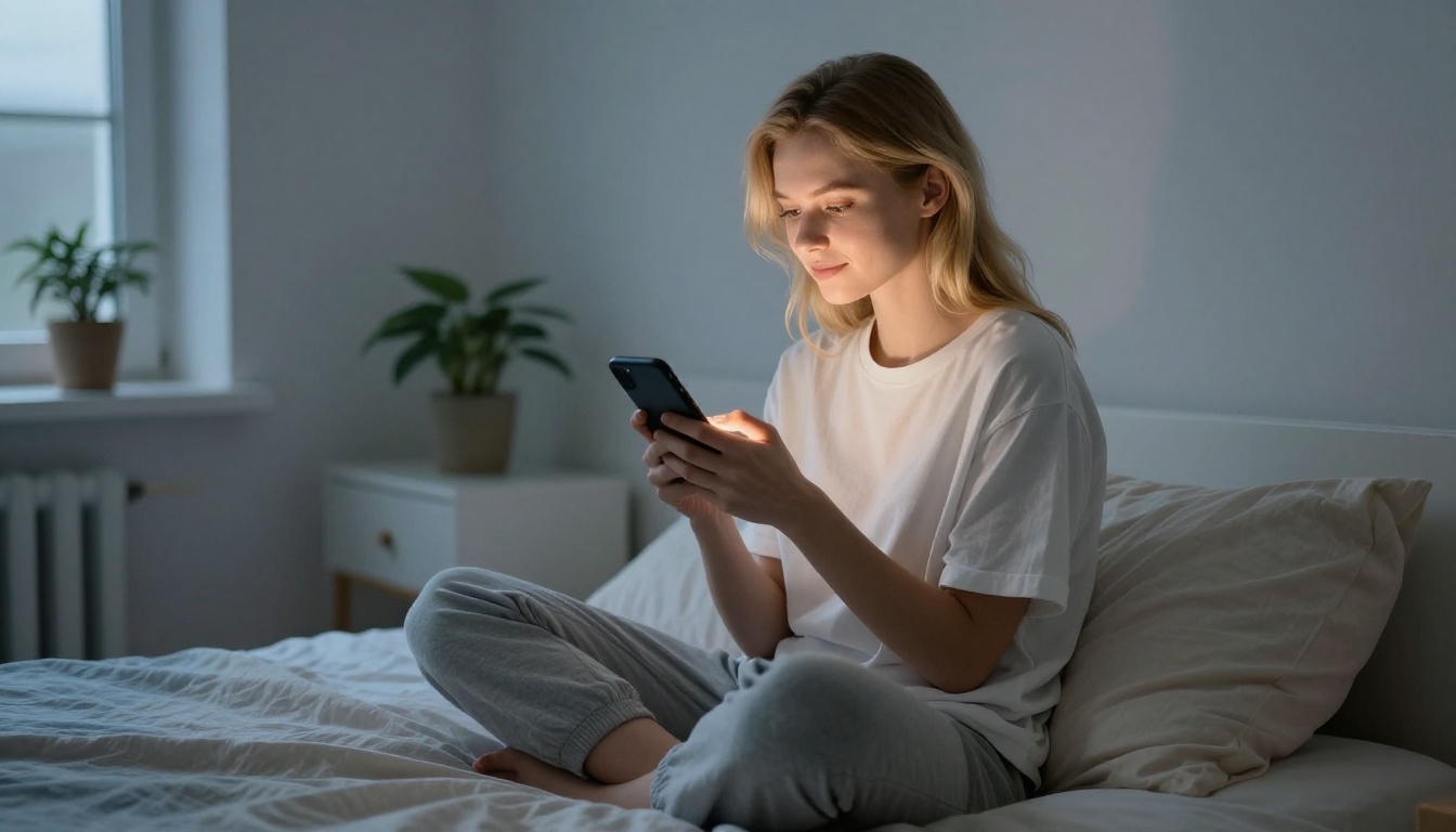 European woman in bedroom reading phone with soft lamp light