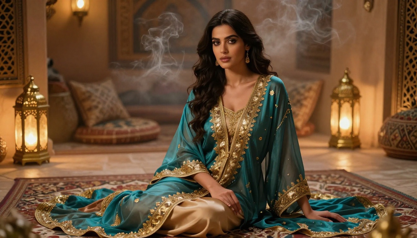 Middle Eastern woman in ornate gold embroidered kaftan sitting on silk cushions in Moroccan-inspired room, warm golden lantern light