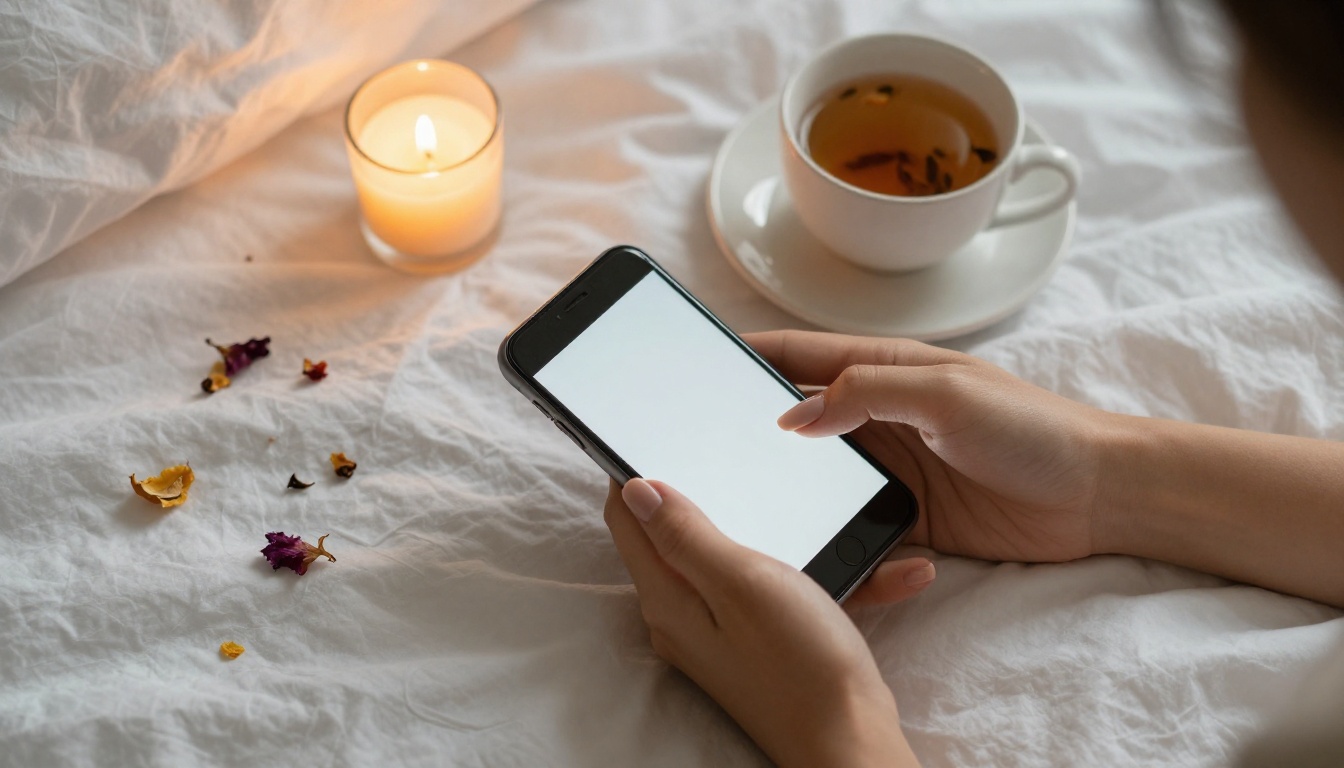 Intimate flat-lay with manicured hands holding phone on white bedsheets with candle