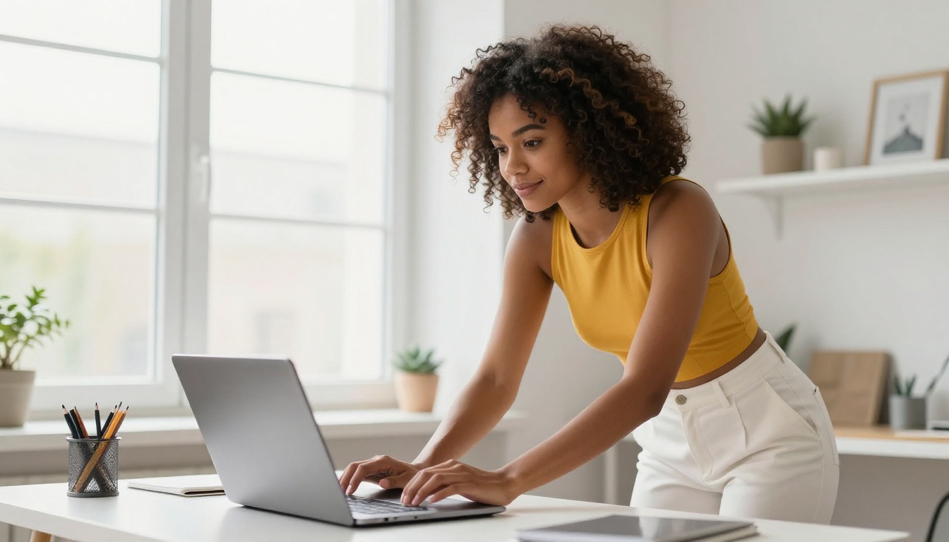 Woman of color at laptop in modern bright home office