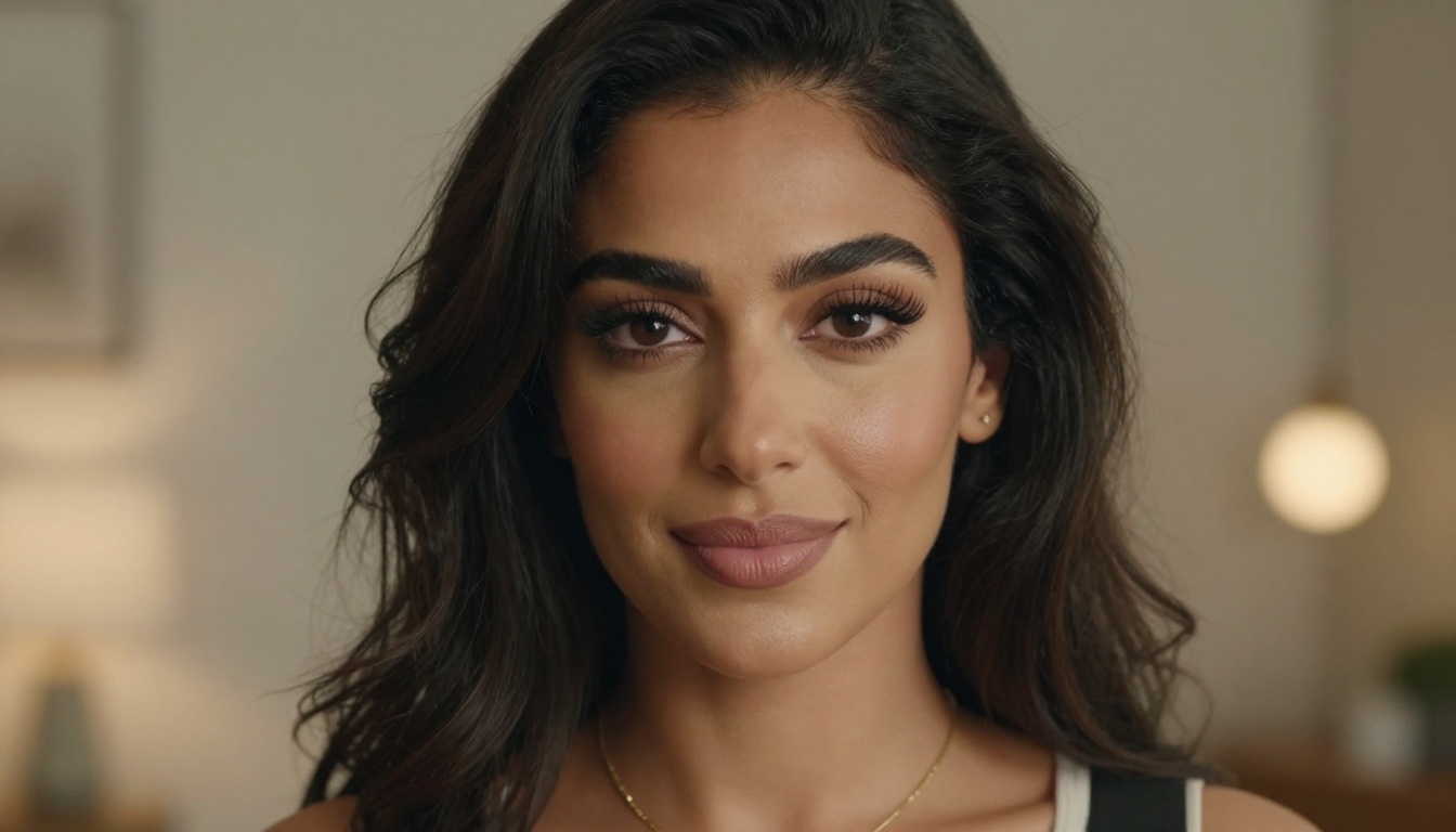 Middle Eastern woman with gold necklace, confident warm gaze directly at camera