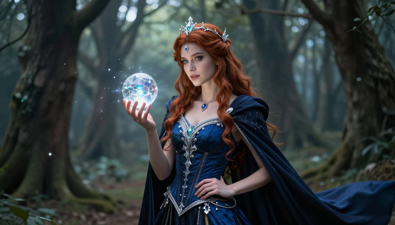 Beautiful young woman in fantasy sorceress cosplay with midnight blue corset and crystal orb in enchanted forest clearing