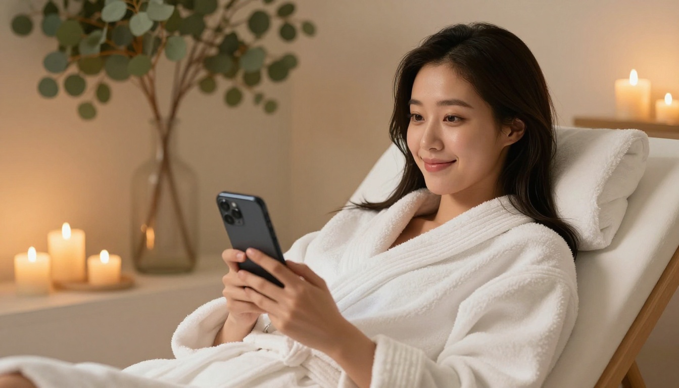 Korean woman in white bathrobe reclining on chaise lounge with phone, spa candlelight