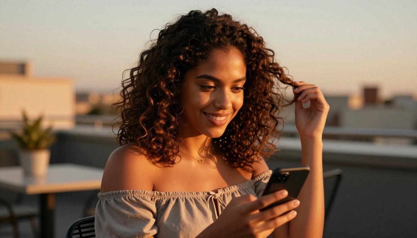 Latina woman with curly hair smiling at her phone on a golden sunset rooftop