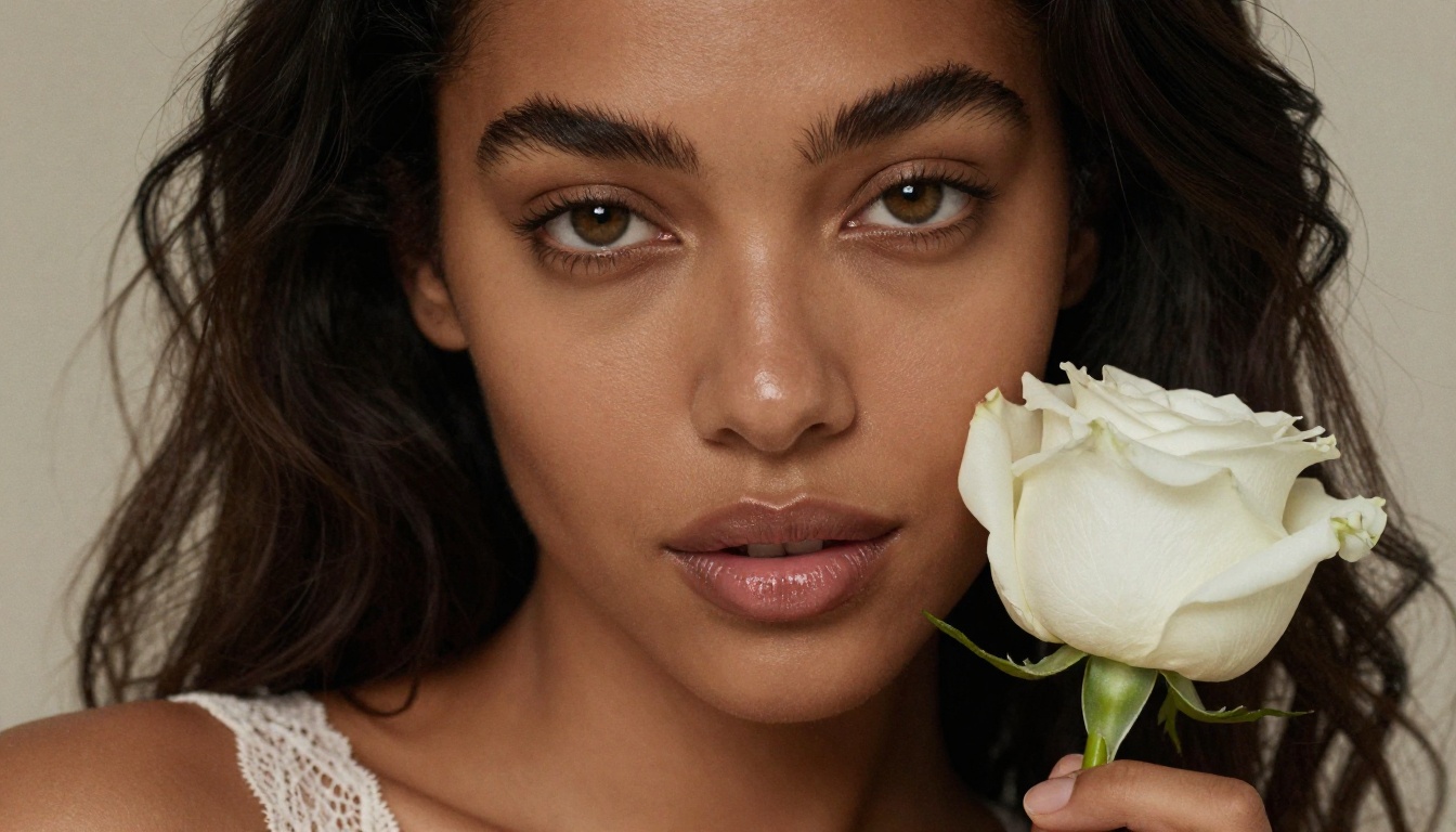 Woman holding a white rose softly against her cheek, romantic close-up portrait