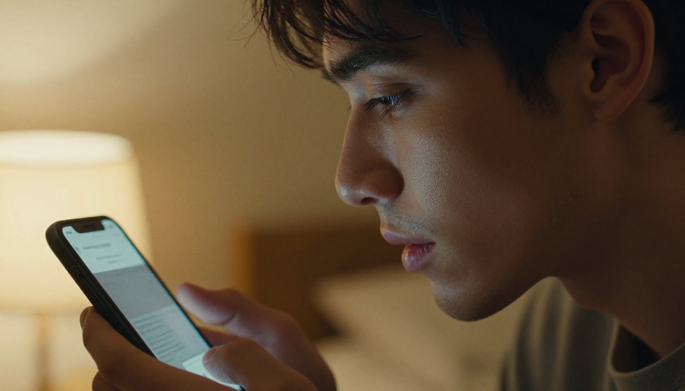 A handsome young man in profile recording a voice message close to his phone, warm amber bedroom lighting