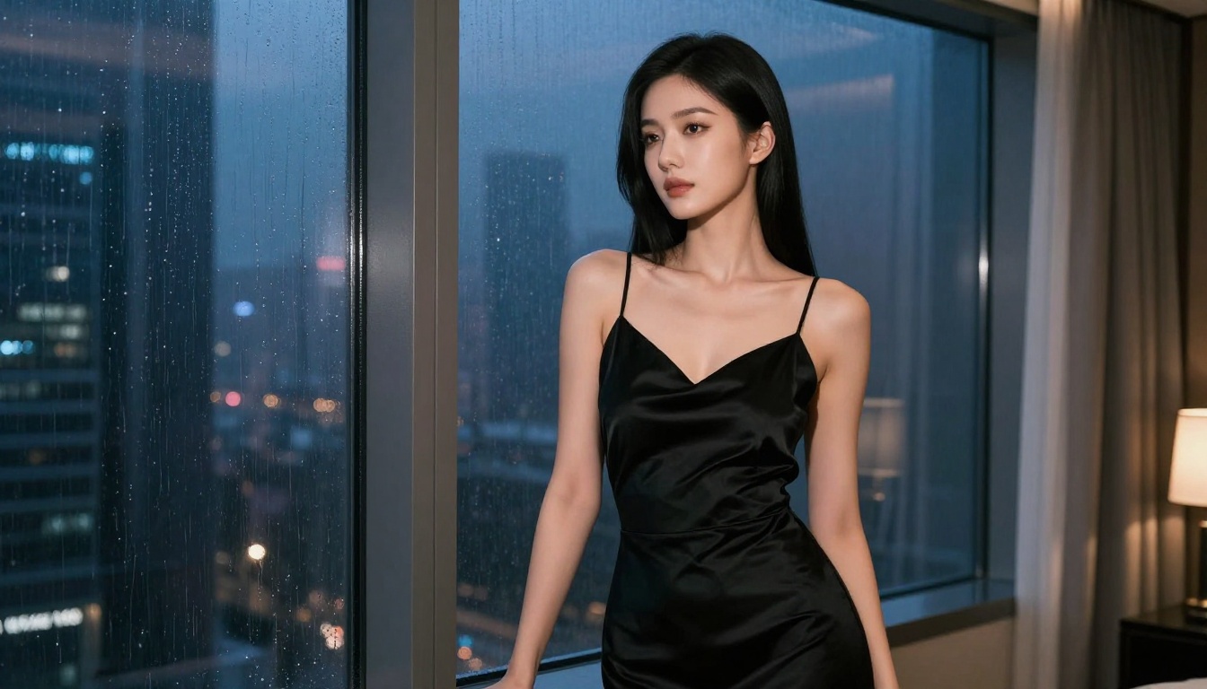 Elegant Asian companion near a rain-streaked hotel window at night