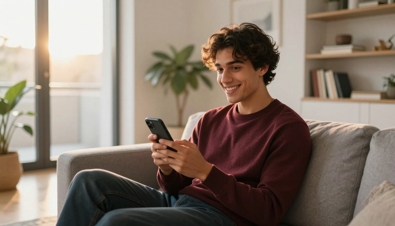 Attractive man with dark wavy hair lounging on grey sofa, smiling warmly at phone in golden afternoon light