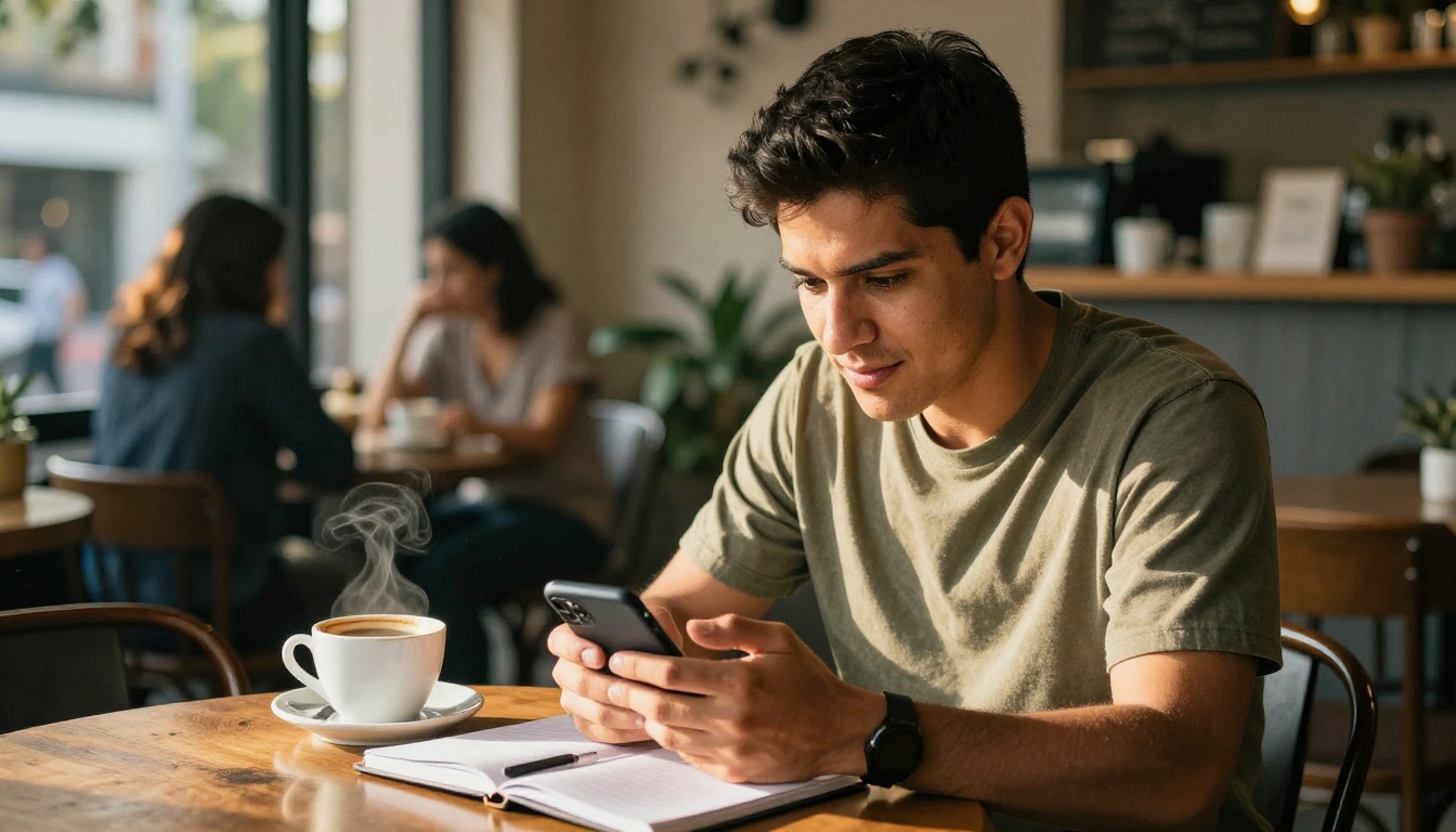 Latino man at sunlit cafe recording heartfelt voice message, golden afternoon light, coffee and notebook on table