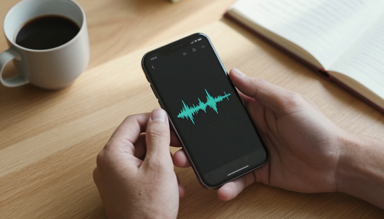 Overhead view of masculine hands holding phone showing audio waveform, coffee cup and journal on wooden desk