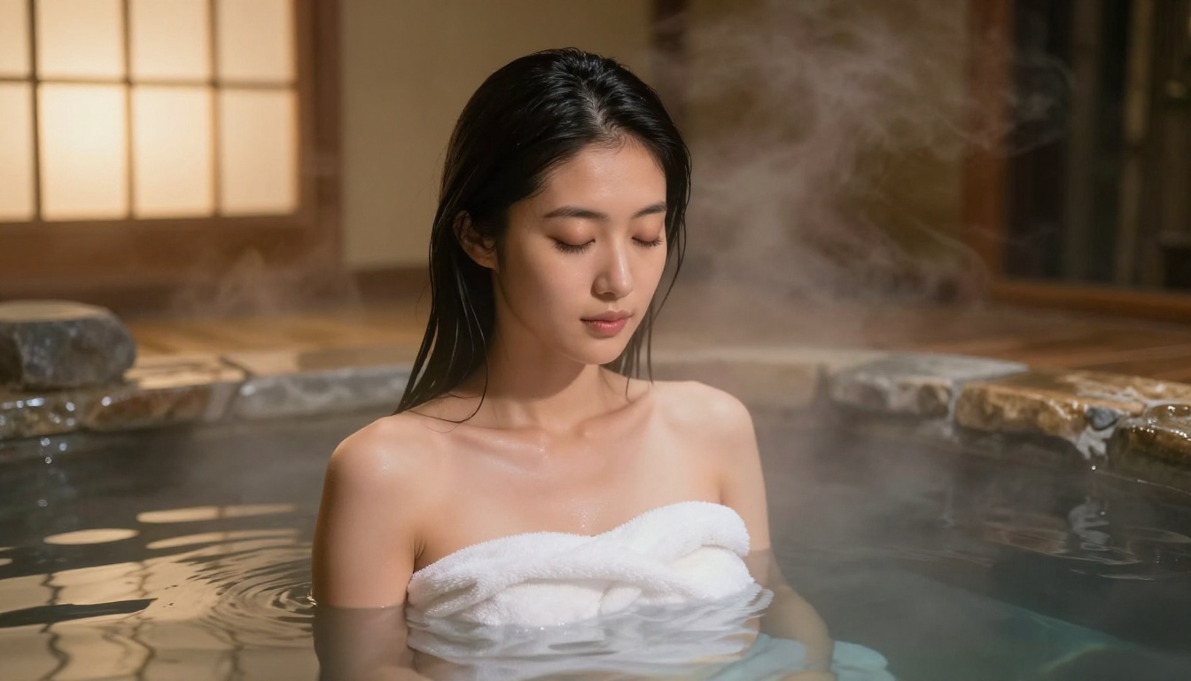 Japanese companion in a traditional onsen bath with rising steam