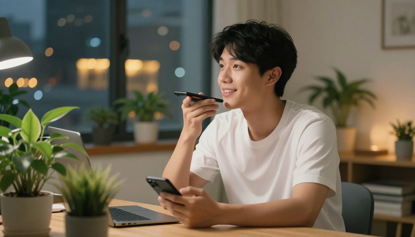 Asian man at minimalist desk in evening light, holding phone with warm dreamy smile, city bokeh behind
