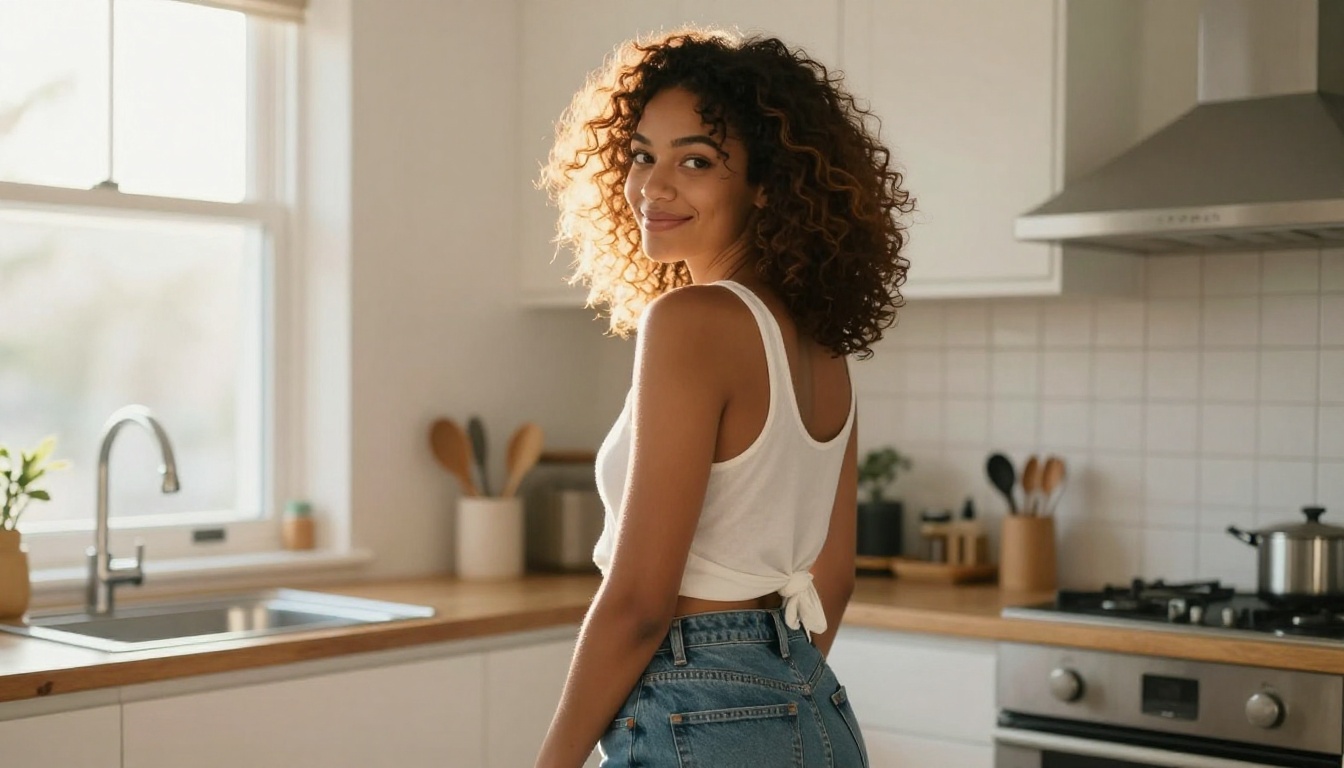 Mixed-race companion in a bright Scandinavian kitchen with morning backlight