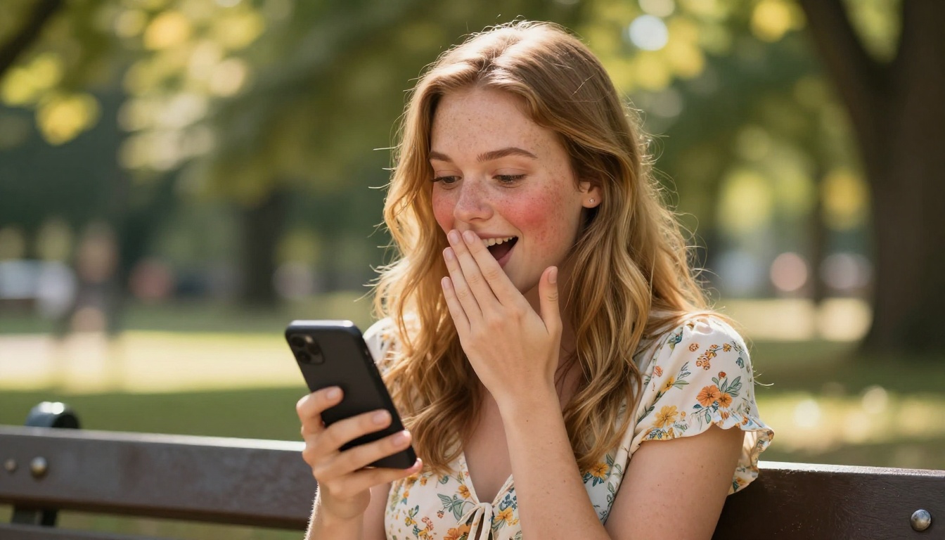 Woman in sunlit park reacting with genuine delight and blush to a voice message, dappled sunlight bokeh background