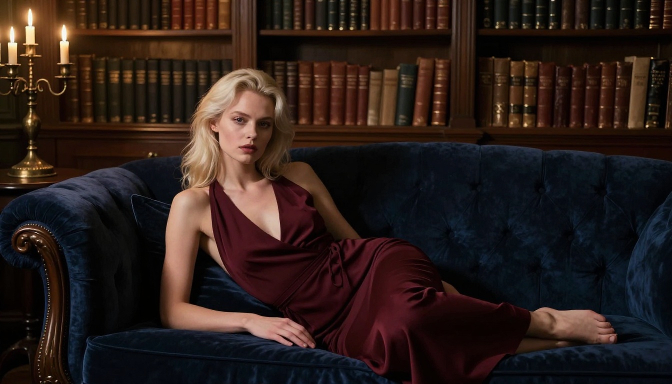 Scandinavian companion draped across a velvet sofa in a candlelit library