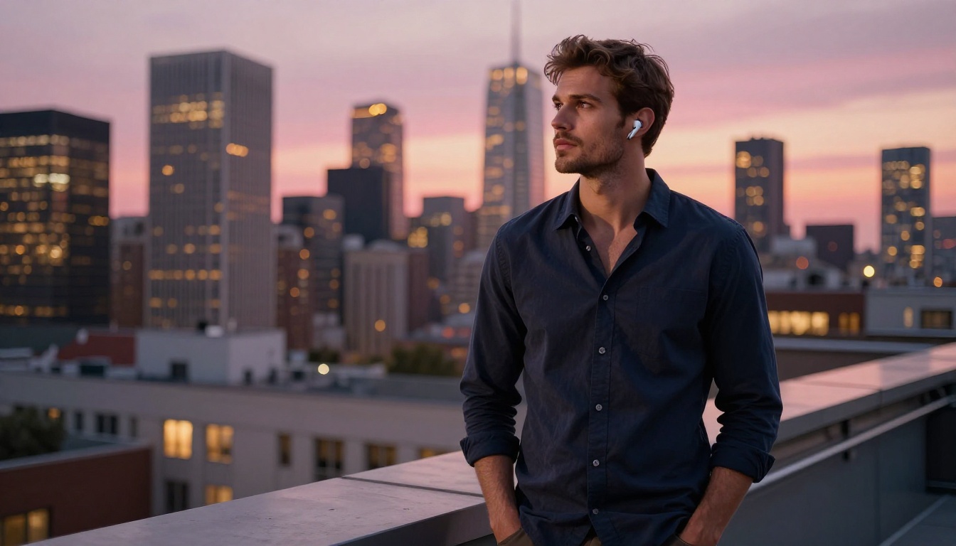 European man on city rooftop at dusk listening to voice message with romantic contemplative expression, city skyline