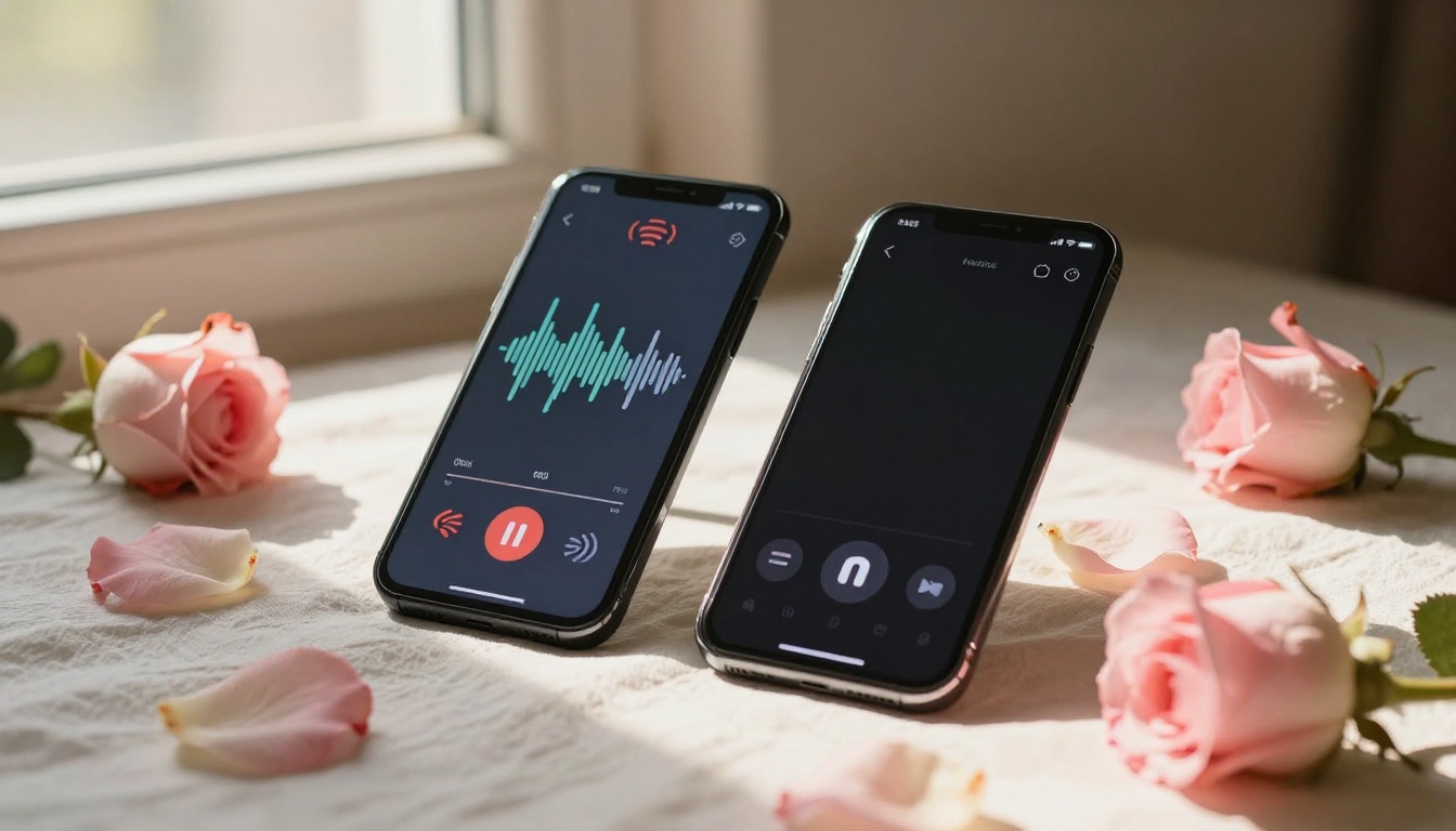 Two smartphones on white linen with rose petals showing audio waveforms, representing digital romantic connection