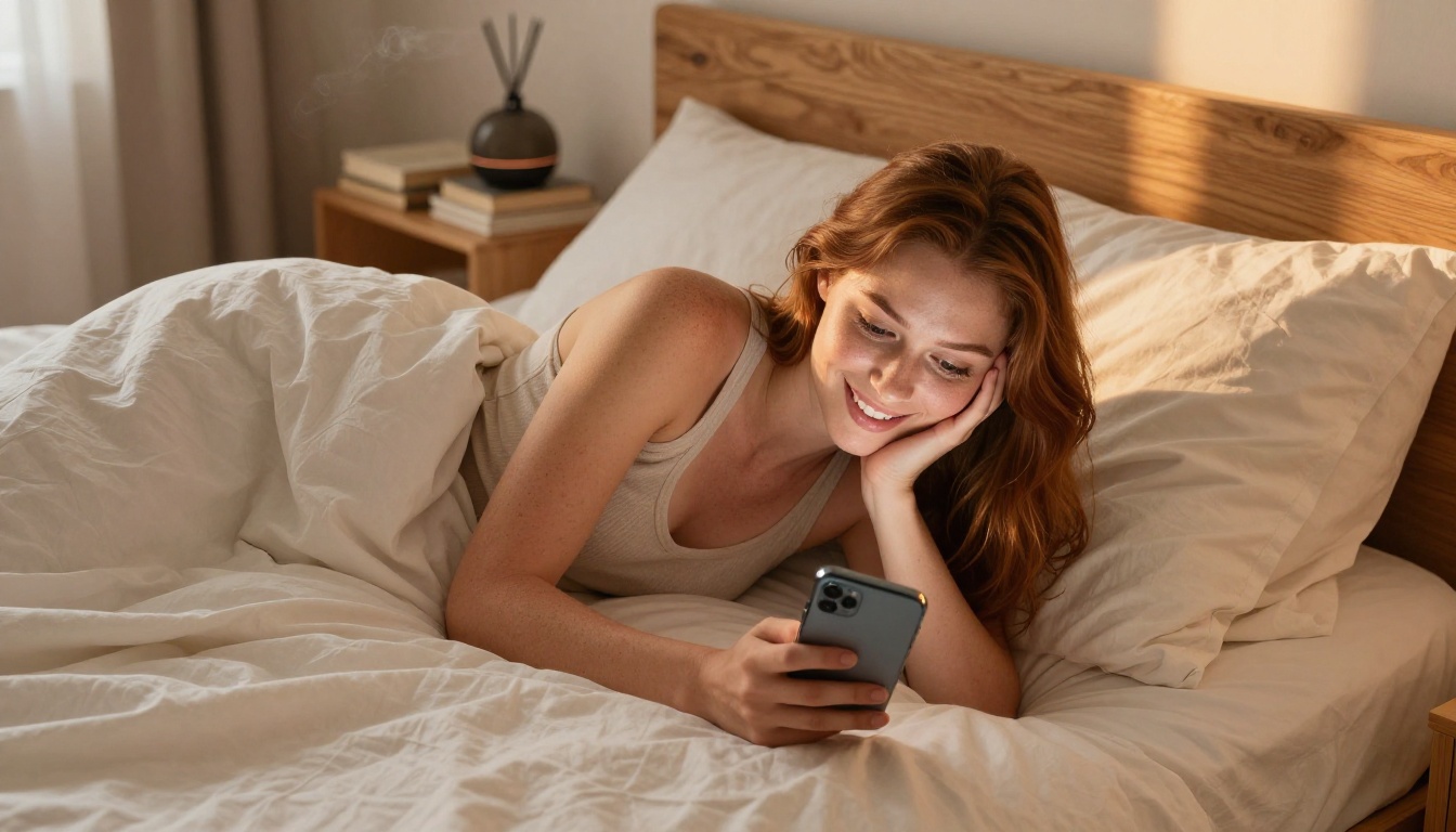 A woman lying on her bed propped on her elbows, reading a message on her glowing phone with a delighted half-smile, warm morning light streaming through the window