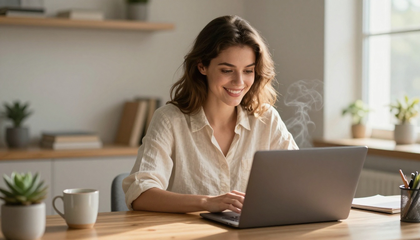 Woman engaging with AI companion platform on laptop