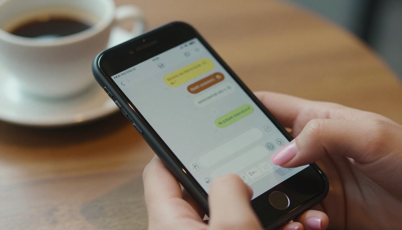 Close-up of hands with soft pink manicured nails holding a glowing smartphone at a cafe table, warm morning light, chat interface visible on screen