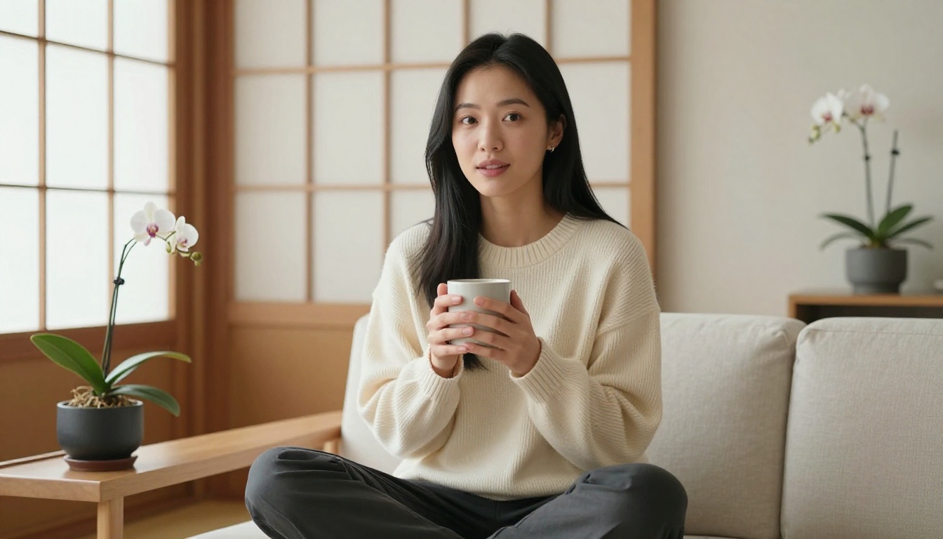 A beautiful East Asian woman sitting cross-legged on a minimalist Japanese-style sofa, holding a warm mug with both hands, looking directly at the camera with a genuinely warm curious expression
